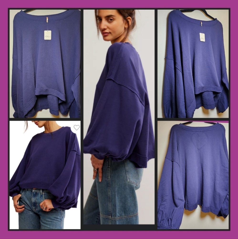 Free People Trish Oversized Sweater+ Heart Accent Eclipse Small *Soldout* NWT